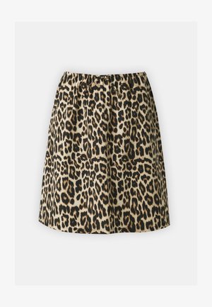 Saia de estampa de leopardo com cintura elástica, feita de tecido leve, apresentando tons de preto, castanho e bege em um padrão de manchas.