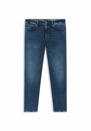 Blå denimjeans med rakben, som har fem fickor, subtilt blekning och en klassisk knapp-och-dragkedjeslutning.