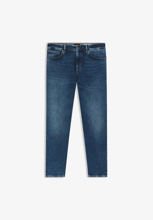 Niebieskie dżinsy o prostym kroju nogawki, wyposażone w pięć kieszeni, delikatnym wyblaknięciu oraz klasycznym zapięciu na guzik i zamek.