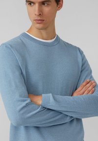 Hellblauer gestreifter Pullover mit langen Ärmeln und rundem Ausschnitt. Ausgestattet mit strukturierter Stoffstruktur und gerippten Bündchen.