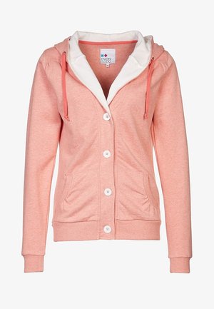 Felpa con cappuccio rosa in misto cotone con fodera interna bianca, chiusura frontale con bottoni, coulisse e due tasche laterali. Presenta una vestibilità comoda e polsini a coste.