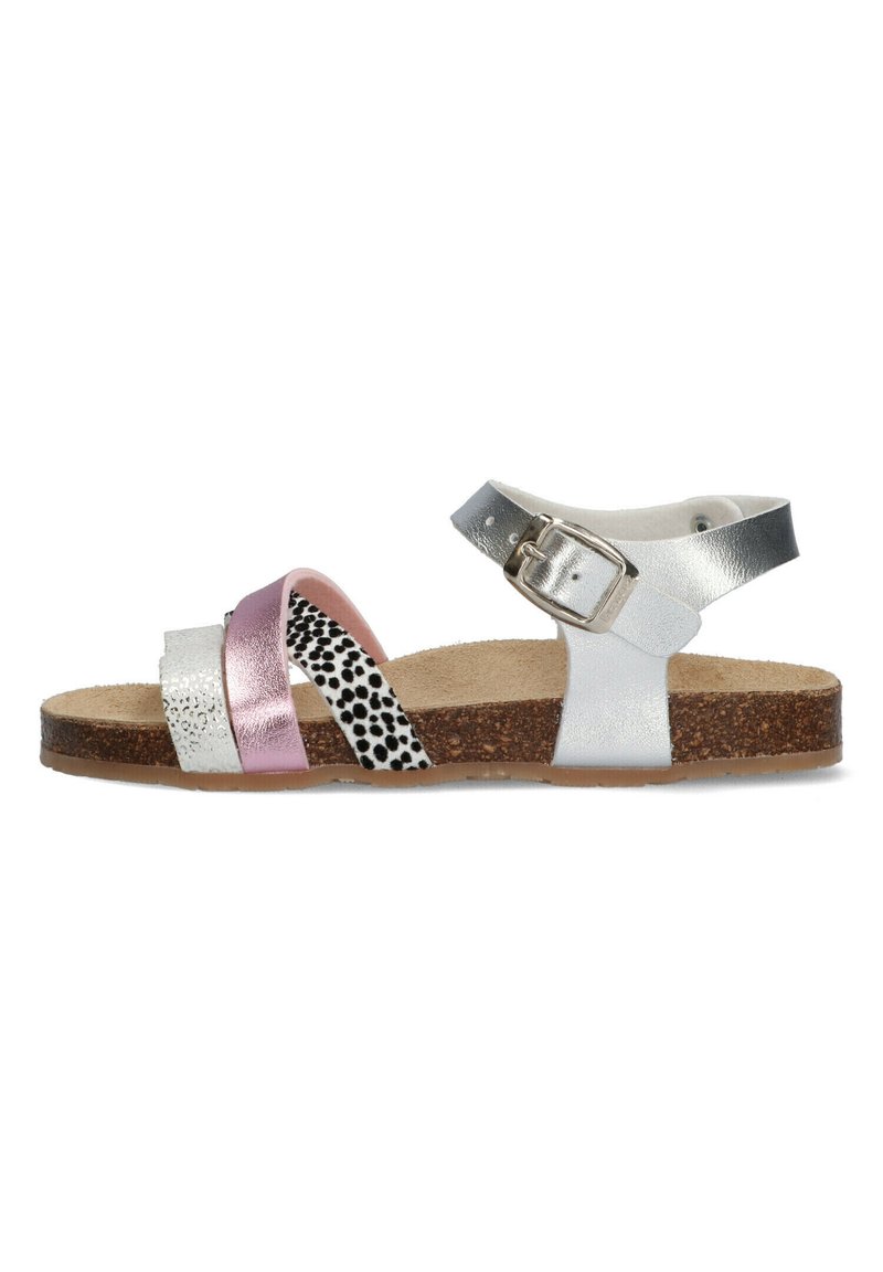 Sandal multicolore con ampietti di pelle: argento, rosa metallico, stampa animale e bianco. Suola in sughero, fibbia argentata regolabile.