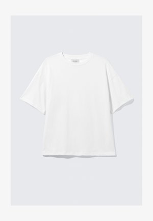 White short-sleeve T-shirt with loose fit, crew neckline, soft fabric, and minimal stitching detail. No visible logos or patterns.