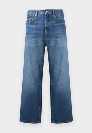 Modré široké džíny z denimu s předním zapínáním na knoflíky a zip, pěti kapsami a jemnými vybledlými detaily na stehnech.