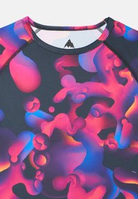 Multicolored rash guard featuring a dark base with vibrant pink, blue, and purple abstract patterns. Smooth texture with a round neckline.