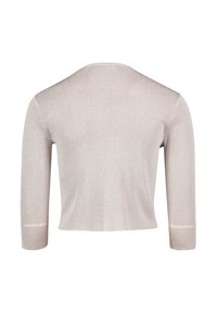 Világos bézs cropped pulóver háromnegyedes ujjal, bordázott textúrával és finom varrással a mandzsettákon. Zökkenőmentes kötött anyag.