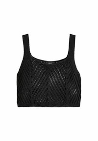 Schwarzes gestricktes Crop-Top mit breiten Trägern und Chevron-Ausschnittmuster, Etikett mit der Aufschrift "NEXT" am Halsausschnitt.