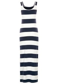 Maxiklänning i stretchtyg, med vertikala marinblå och vita ränder, med rundad halsringning och ärmlös design.