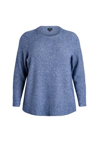 Zils ribots adīts džemperis ar garām piedurknēm un noapaļotu kakla izgriezumu; brīvs piegriezums, teksturēta auduma un vienkrāsains bez redzamām rakstainajām. 