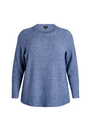 Blauwe geribbelde gebreide trui met lange mouwen en een ronde halslijn; relaxed fit, textuurstof en een effen kleur zonder zichtbare patronen.