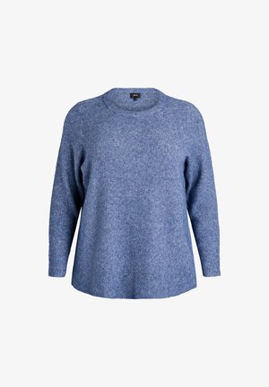 Blauwe geribbelde gebreide trui met lange mouwen en een ronde halslijn; relaxed fit, textuurstof en een effen kleur zonder zichtbare patronen.