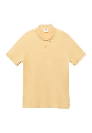 Geel poloshirt met korte mouwen met een kraag, drieknoopsluiting en een zachte textuur. Eenvoudig ontwerp zonder zichtbare patronen of accenten.
