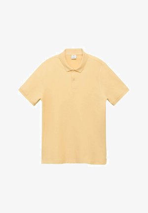 Gelbes Poloshirt mit kurzen Ärmeln, das einen Kragen, eine Knopfleiste mit drei Knöpfen und eine weiche Textur aufweist. Einfaches Design ohne sichtbare Muster oder Akzente.