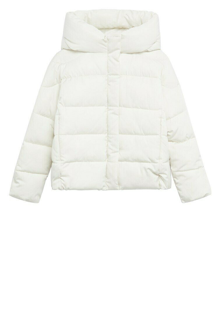 Biała kurtka puchowa z kapturem, z pikowanymi sekcjami, długimi rękawami, kieszeniami po bokach oraz prostym wykończeniem. Gładka tekstura.