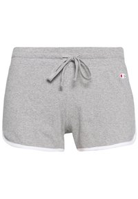 Pantalones cortos de algodón gris con cintura elástica, cierre con cordón y ribete blanco en los bordes. Presentan un pequeño logo en la cadera.