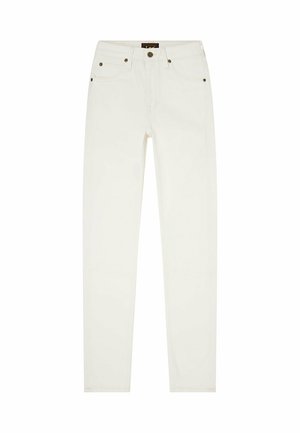 Weiße Slim-Fit-Jeans mit vorderer Knopfleiste, Reißverschluss und Fünf-Taschen-Design, flach auf einem schlichten weißen Hintergrund liegend präsentiert.