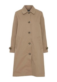 Cappotto trench color marrone chiaro realizzato in tessuto liscio. Caratterizzato da un colletto, apertura frontale con bottoni, due tasche laterali e polsini con bottoni. Design semplice.