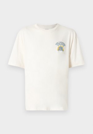 Kreemivärvi puuvillane T-särk, mis on lõdvema lõikega. Vasakul rinnapiirkonnal on graafiline trükk, millel on tekst "HOLLYWOOD HAUNTED". Lühikesed varrukad.