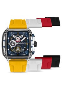 Vierkante horloge met een transparante behuizing, blauwe wijzerplaat, gele siliconen band en extra banden in rood, zwart en wit. Bevat gedetailleerde subwijzers.