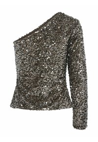 Top a spalla unica in grigio scuro e argento, caratterizzato da una superficie testurizzata con un motivo scintillante e una silhouette aderente.