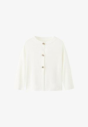 Cardigan alb cu mâneci lungi, cu decolteu rotund și trei nasturi aurii pe față, prezentat pe un fundal simplu.