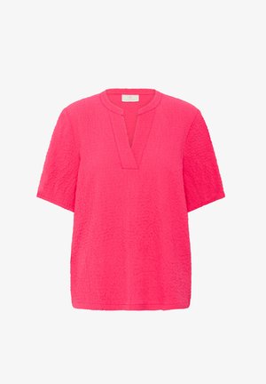 Rövid ujjú, mély V-neck felső élénk pink, texturált anyagból, laza szabással és látható varratokkal. Egyszínű, minta nélküli dizájn.