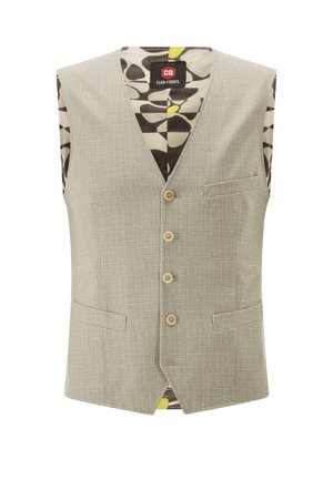 Hellgraue, strukturierte Herrenweste mit vier Knöpfen, drei Fronttaschen und gemustertem schwarzem, weißem und gelbem Innenfutter.