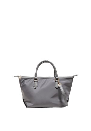 Sac cabas gris avec double poignée et bandoulière amovible, fermeture zippée en haut et ferrures dorées.