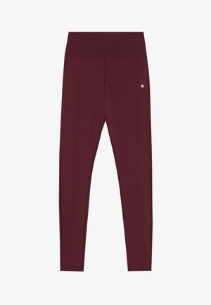 Bordo spalvos leggingai, pagaminti iš tamprių audinių, su plačiu juosmeniu ir mažu logotipo detaliu priekyje. Lygus, prigludęs dizainas.