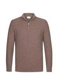 Brauner Pullover mit Reißverschluss aus strukturiertem Strickstoff. Verfügt über lange Ärmel und einen dezenten gerippten Saum für zusätzliche Details.