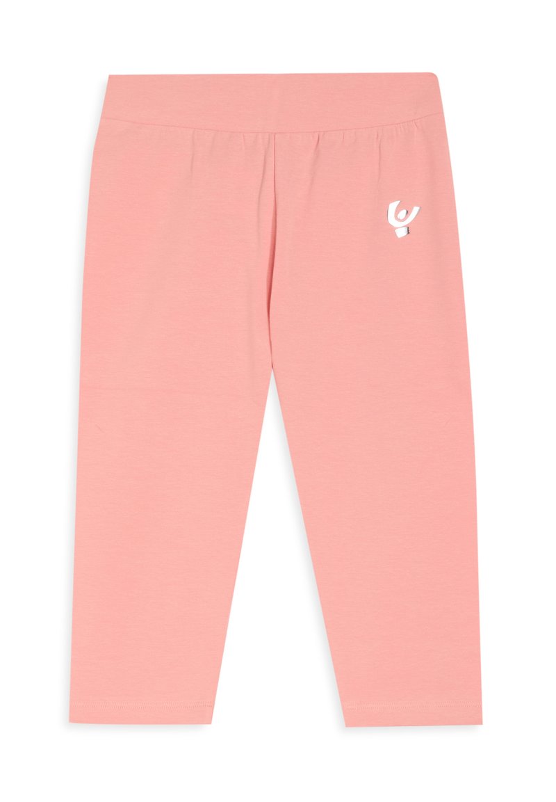 Leggings de algodón rosa con cintura elástica, textura suave y un pequeño logo blanco en el lado izquierdo. Diseño ajustado, longitud hasta el tobillo.