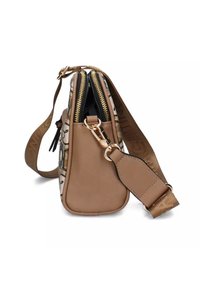 Borsa a tracolla in pelle marrone con doppia cerniera, design a motivo, minuteria dorata e tracolla regolabile con dettaglio del logo.