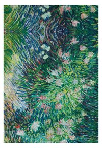 Peinture à l'huile vibrante avec des verts et des bleus tourbillonnants, présentant des accents floraux roses et blancs. Des coups de pinceau épais créent une surface texturée.