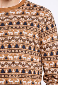 Brauner Strickpullover mit weißen und marineblauen Mustern von Rentieren, Bäumen und geometrischen Formen. Rundhalsausschnitt und gerippter Kragen.