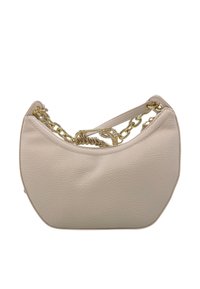Borsa a forma di mezzaluna in pelle beige testurizzata con manico in catena dorata e dettaglio decorativo con chiusura dorata.