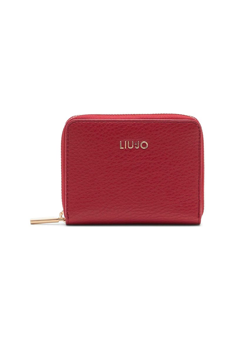 Cartera de cuero rojo texturizado con tirador de cremallera dorado y logotipo "LIU JO" en el centro del frente.
