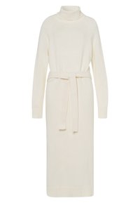 Stickad långärmad klänning i krämvit med hög krage, midjebindning, ribbade ärmslut och nederkant. Elegant, figurnära silhuett med mjuk textur.