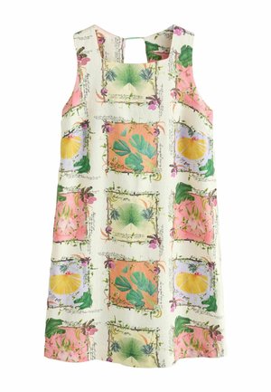 Ujjatlan krémszínű ruha színes botanikai és citrusmintákkal, amelyek négyzet alakú keretekben vannak elrendezve, zöld levelekkel, sárga citromokkal és rózsaszín virágokkal.