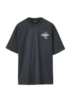 Zwart katoenen T-shirt met korte mouwen, voorzien van een bloemmotief en tekstontwerp op de borst. Ronde halslijn, losse pasvorm.