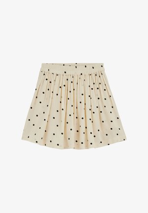 Kreemikas volditud seelik mustade täppidega ja elastse vöökohaga, esitatud valgel taustal.