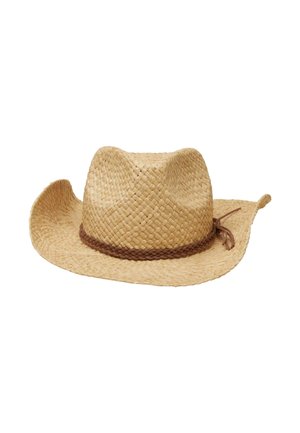 Woven straw cowboy hat with a brown braided band and a small bow on the side, featuring a curved brim and pinched crown.