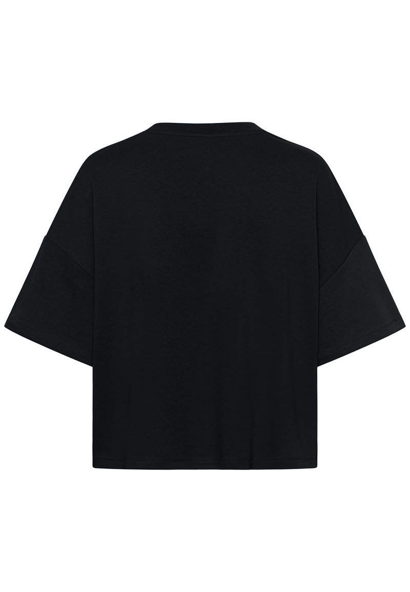 T-shirt noir surdimensionné à manches courtes avec épaules tombantes et ourlet droit, vu de dos sur fond blanc.