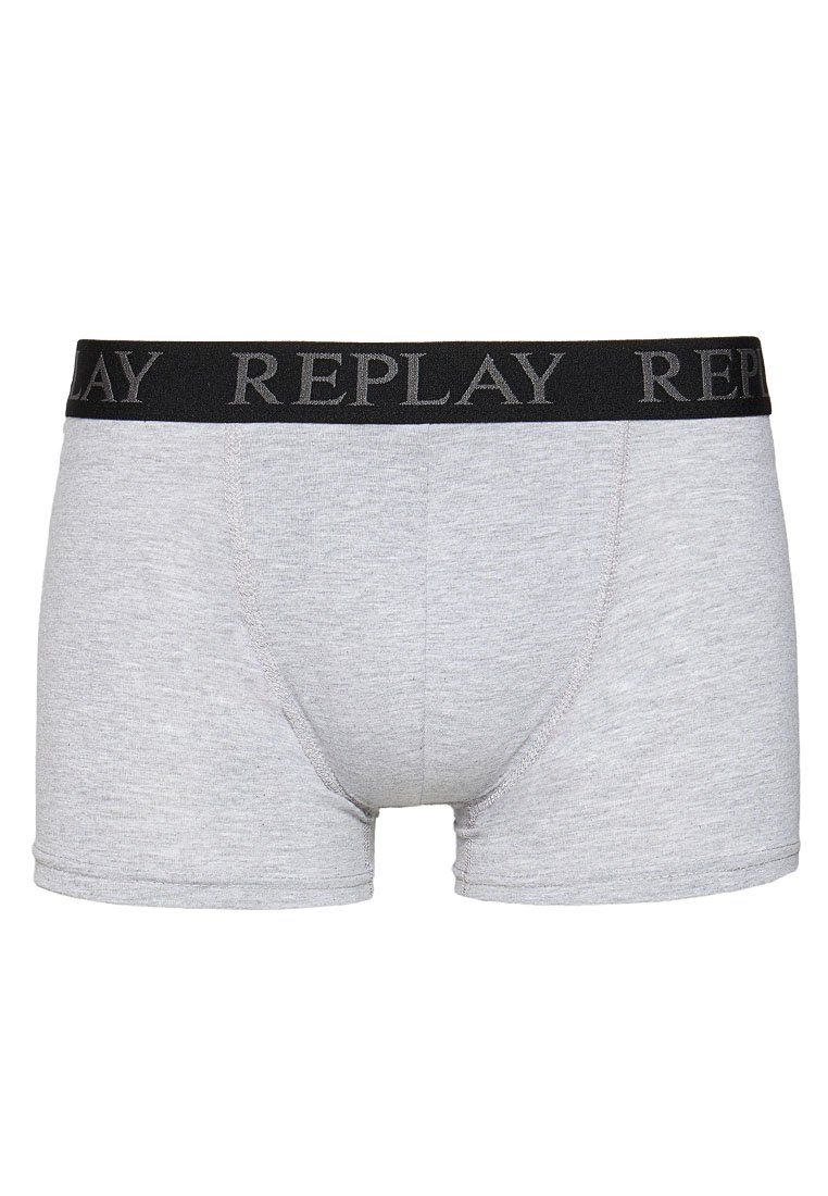 Graue Baumwollboxershorts mit einem schwarzen elastischen Bund, auf dem das Wort "REPLAY" in grauen Buchstaben steht. Schlichtes, eng anliegendes Design.