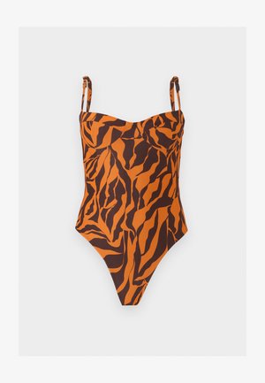 Πορτοκαλί και σκούρο καφέ ολόσωμο μαγιό με ρίγες τίγρης, ρυθμιζόμενες τιράντες και διαμορφωμένα cups.