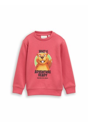 Kinder langärmeliges pinkes Sweatshirt mit einem Comic-Biber und dem Text "Who's adventure ready, beaver be ready."