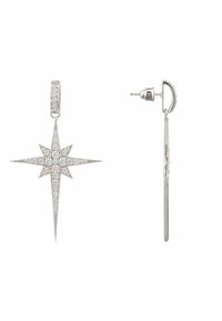 Silver star-shaped earrings with a central gemstone design, featuring a six-point star with smaller stones along the edges and a backing.