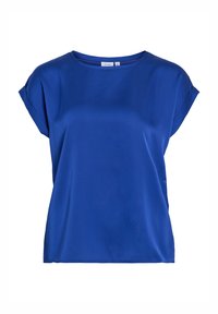 Chemise bleue en satin avec un col rond et des manches courtes repliées. Le tissu a une texture lisse et une coupe décontractée. Aucun motif ou accessoire visible.