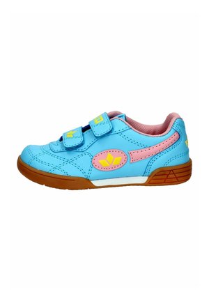 Blue synthetic sneaker with pink accents, featuring two adjustable Velcro straps, a rubber sole, and an oval logo on the side.