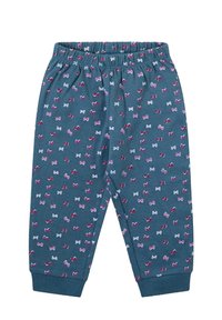 Pantalones de algodón en color azul verdoso con un patrón repetido de pequeños lazos rosas y blancos. Cintura elástica y puños en los tobillos.