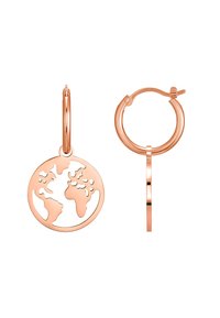 Ohrringe aus Roségold mit einem ausgestanzten Globusanhänger, glänzender Metalloberfläche, kreisförmiger Form und glatter Textur.